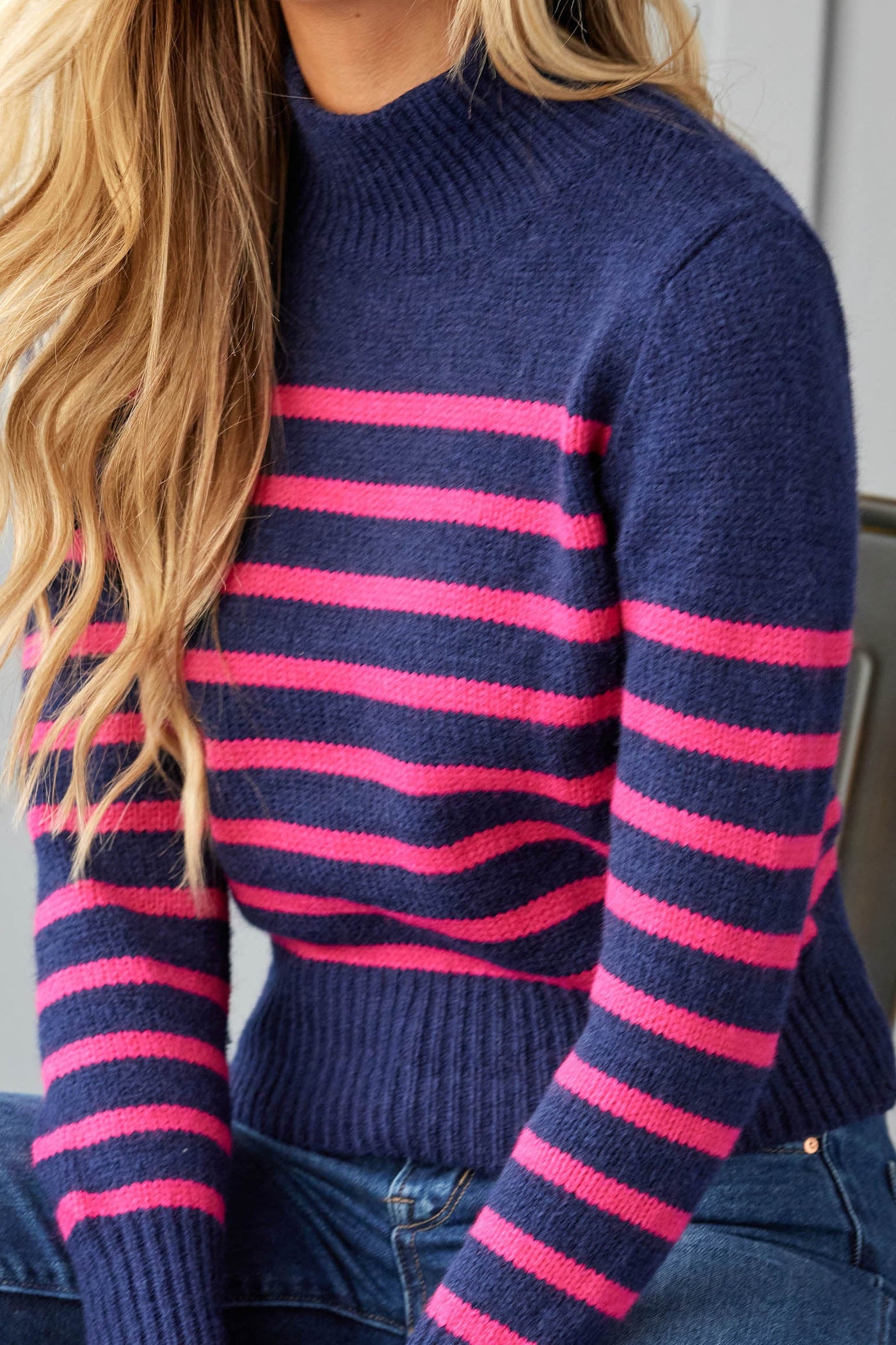 Navy and Magenta Striped Mock Neck Sweater