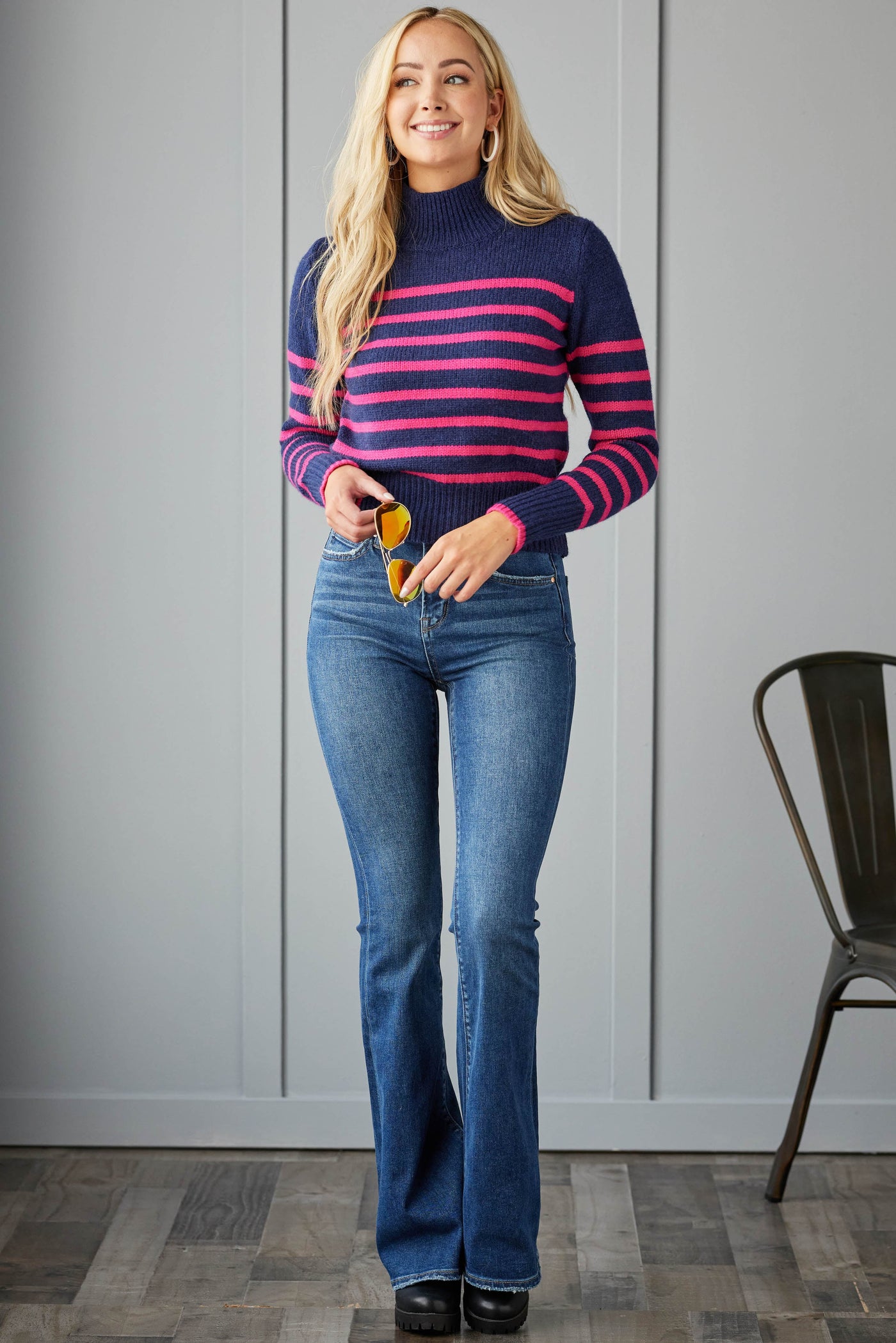 Navy and Magenta Striped Mock Neck Sweater