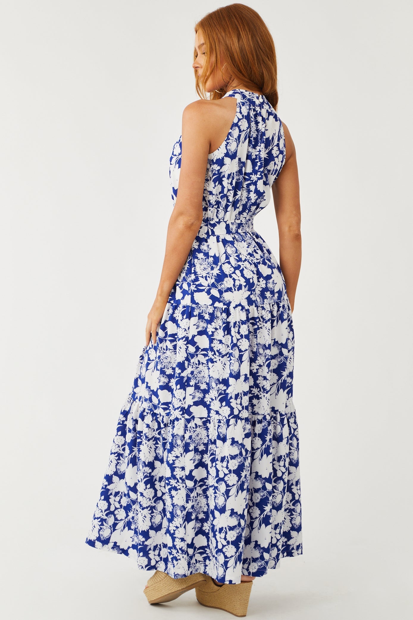 Navy and Off White Floral Print Halter Maxi Dress