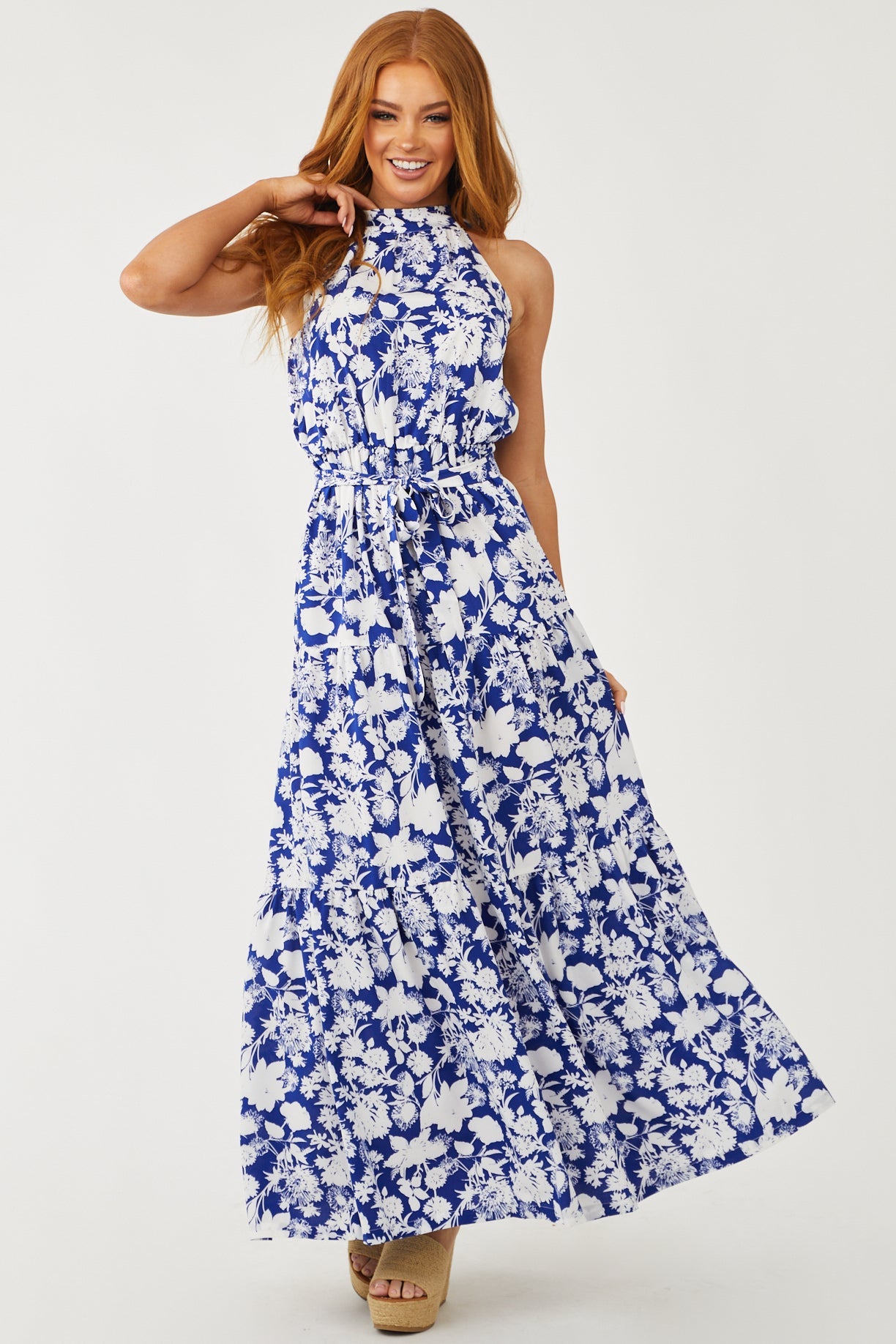 Navy and Off White Floral Print Halter Maxi Dress
