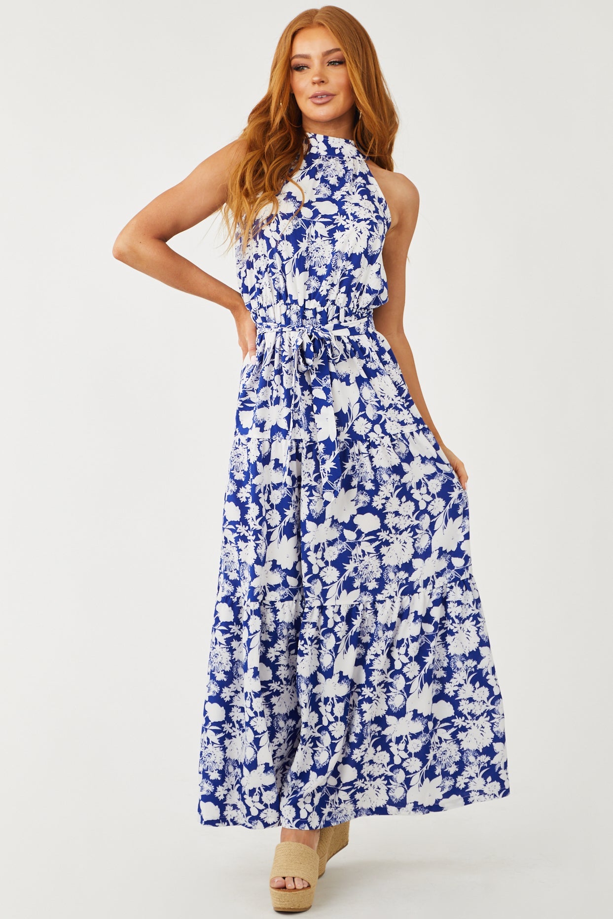 Navy and Off White Floral Print Halter Maxi Dress