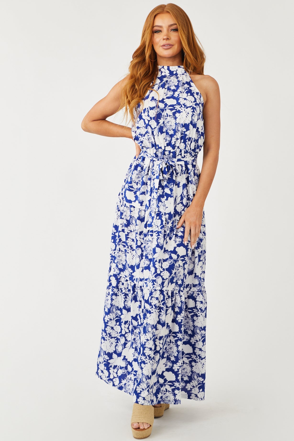 Navy and Off White Floral Print Halter Maxi Dress