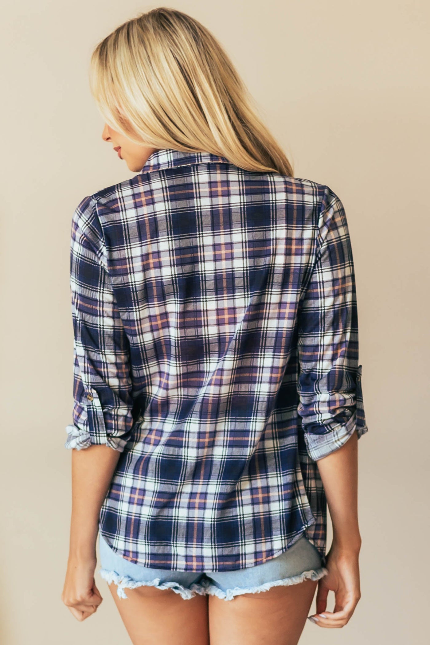Navy and Peach Plaid Top with Chest Pocket