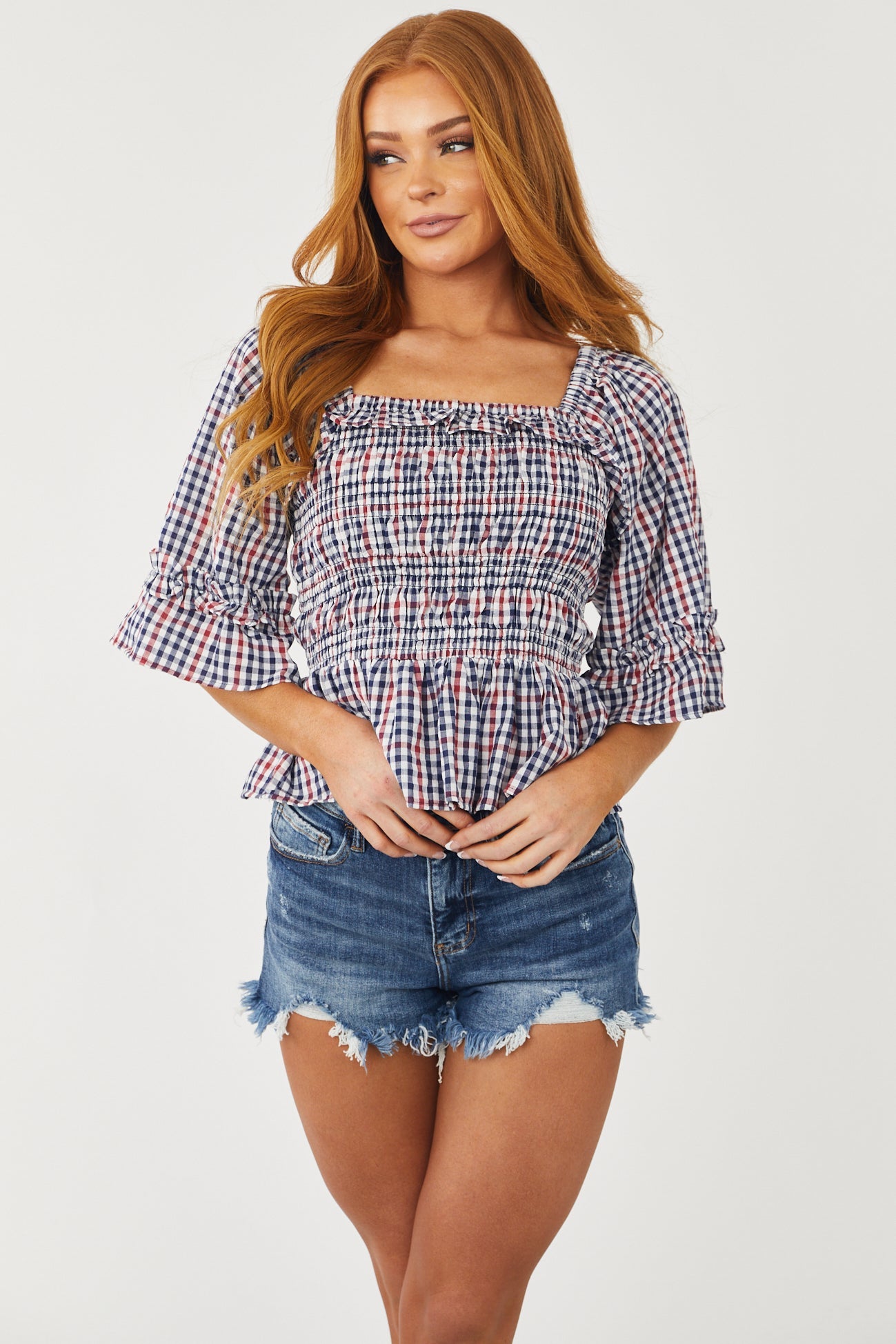 Navy and Ruby Gingham Smocked Peplum Top