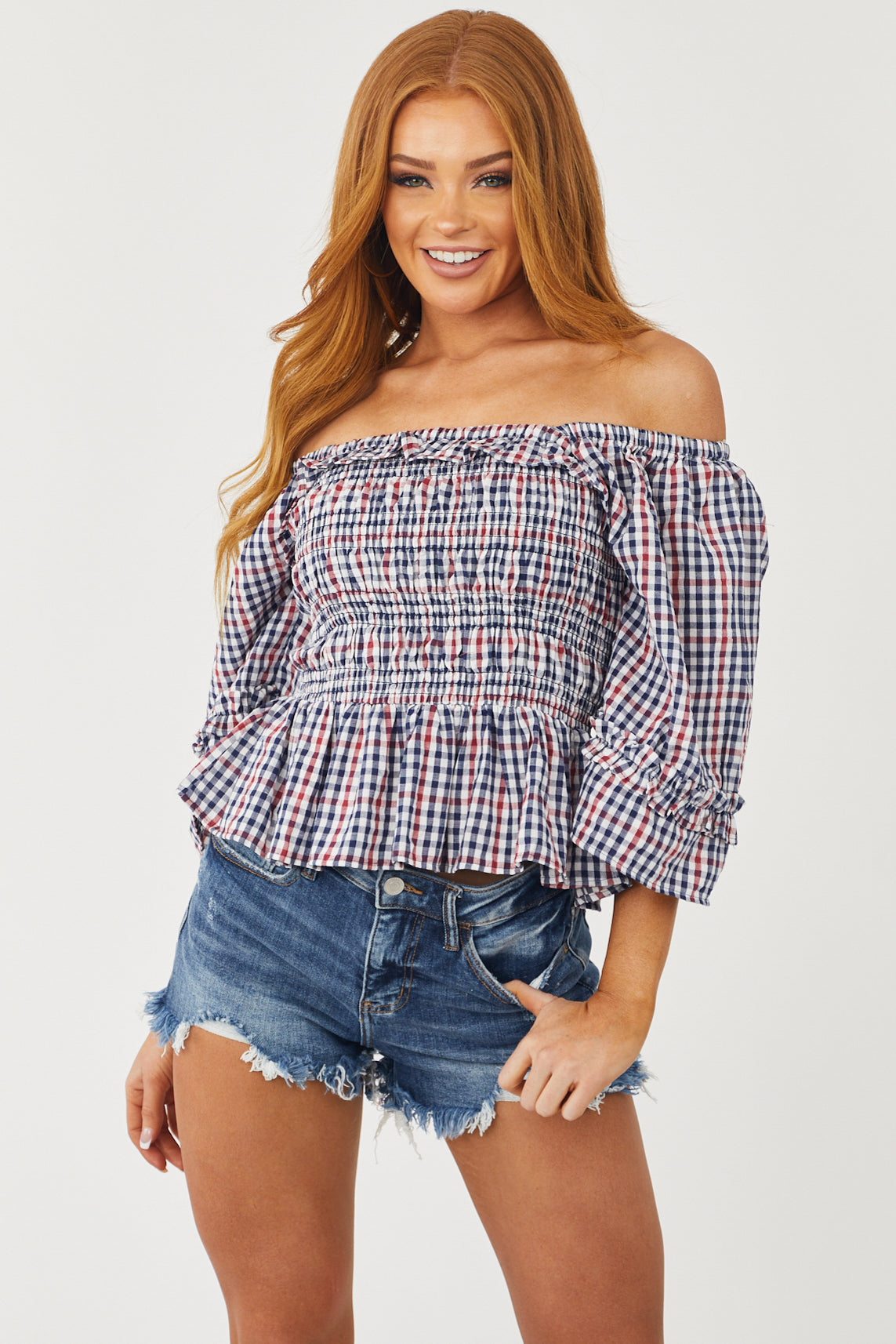 Navy and Ruby Gingham Smocked Peplum Top