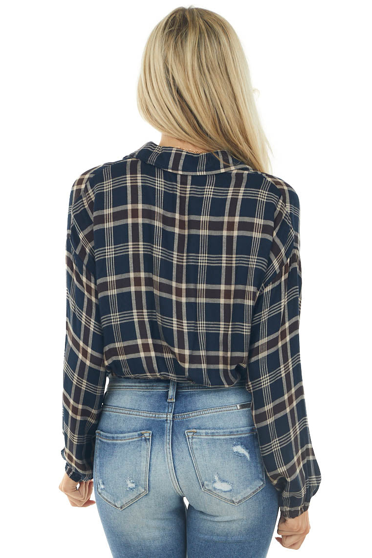 Navy and Vanilla Plaid Elastic Hem Button Shirt