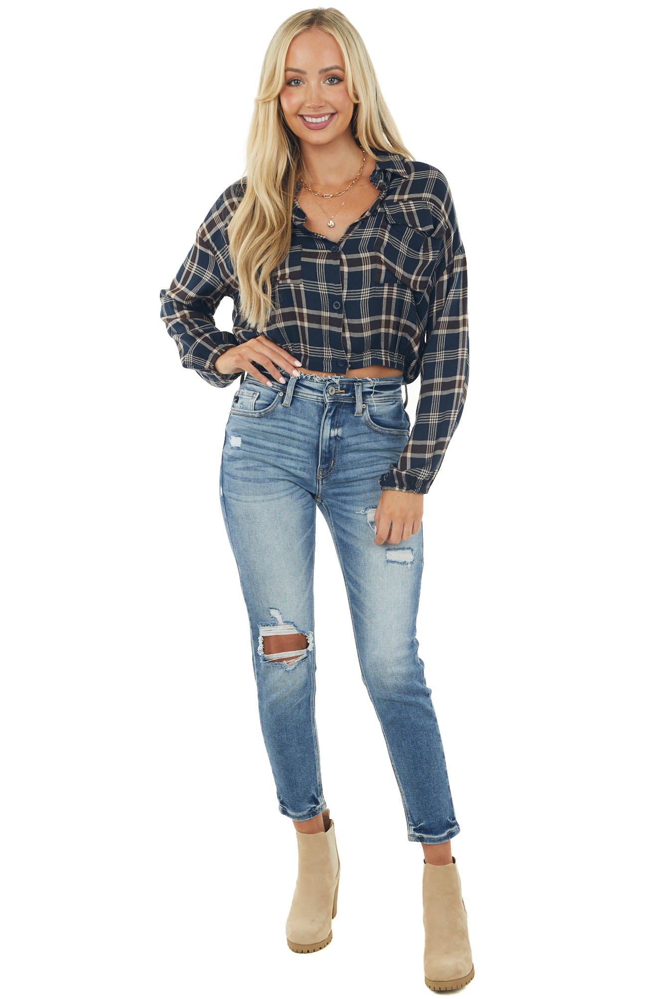 Navy and Vanilla Plaid Elastic Hem Button Shirt