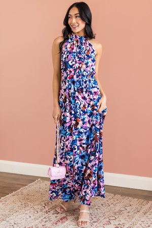 Navy Floral Print Halter Neck Maxi Dress