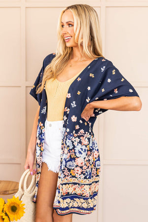 Navy Floral Open Front Short Sleeve Kimono