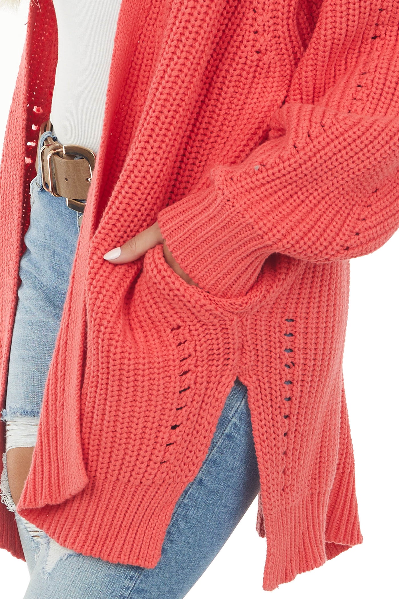 Neon Coral Side Pocket Pointelle Cardigan