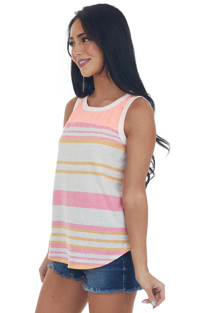 Neon Coral Striped High Low Knit Tank Top