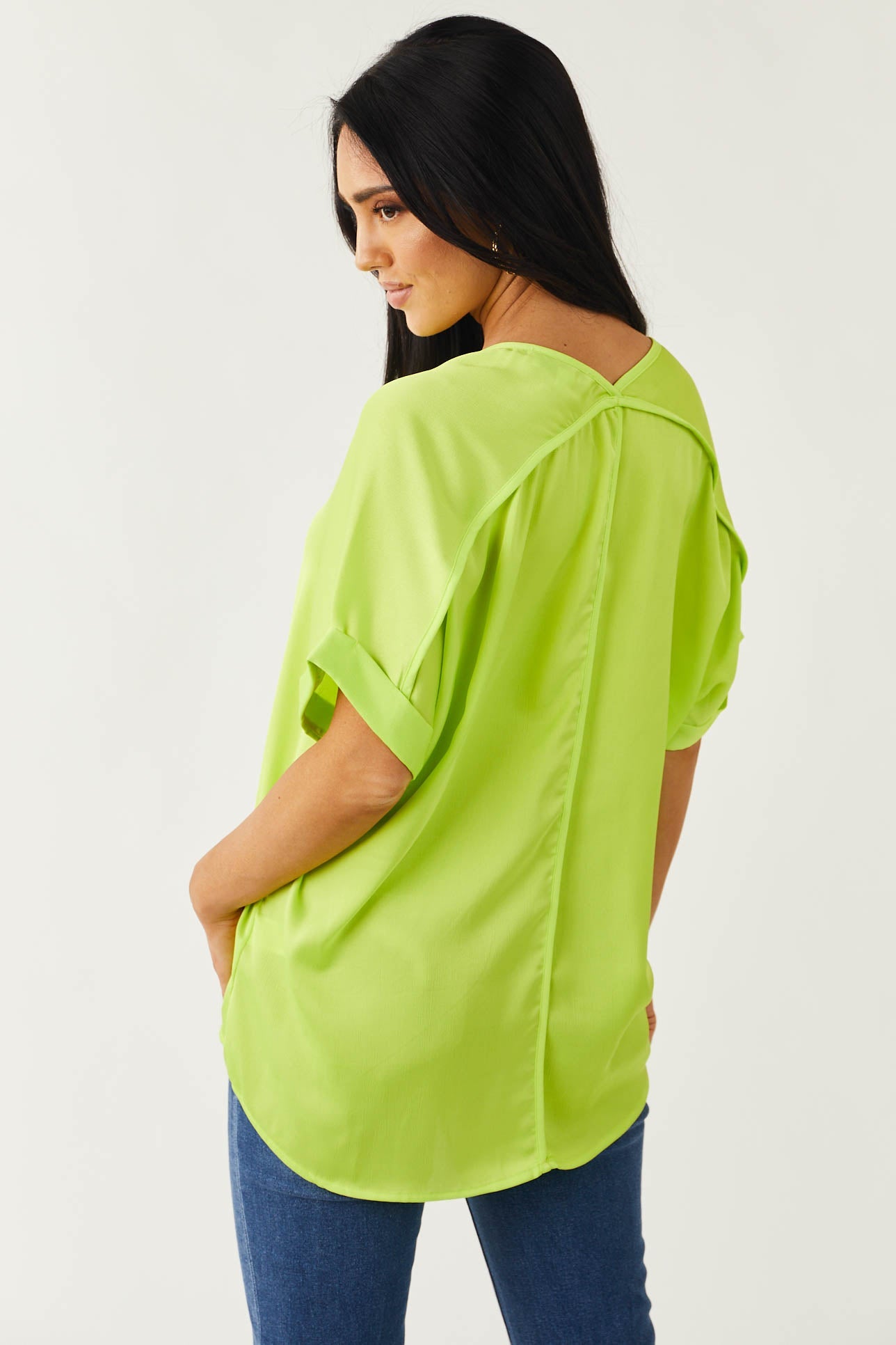 Neon Lime V Neck Drop Shoulder Satin Top