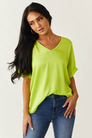 Neon Lime V Neck Drop Shoulder Satin Top