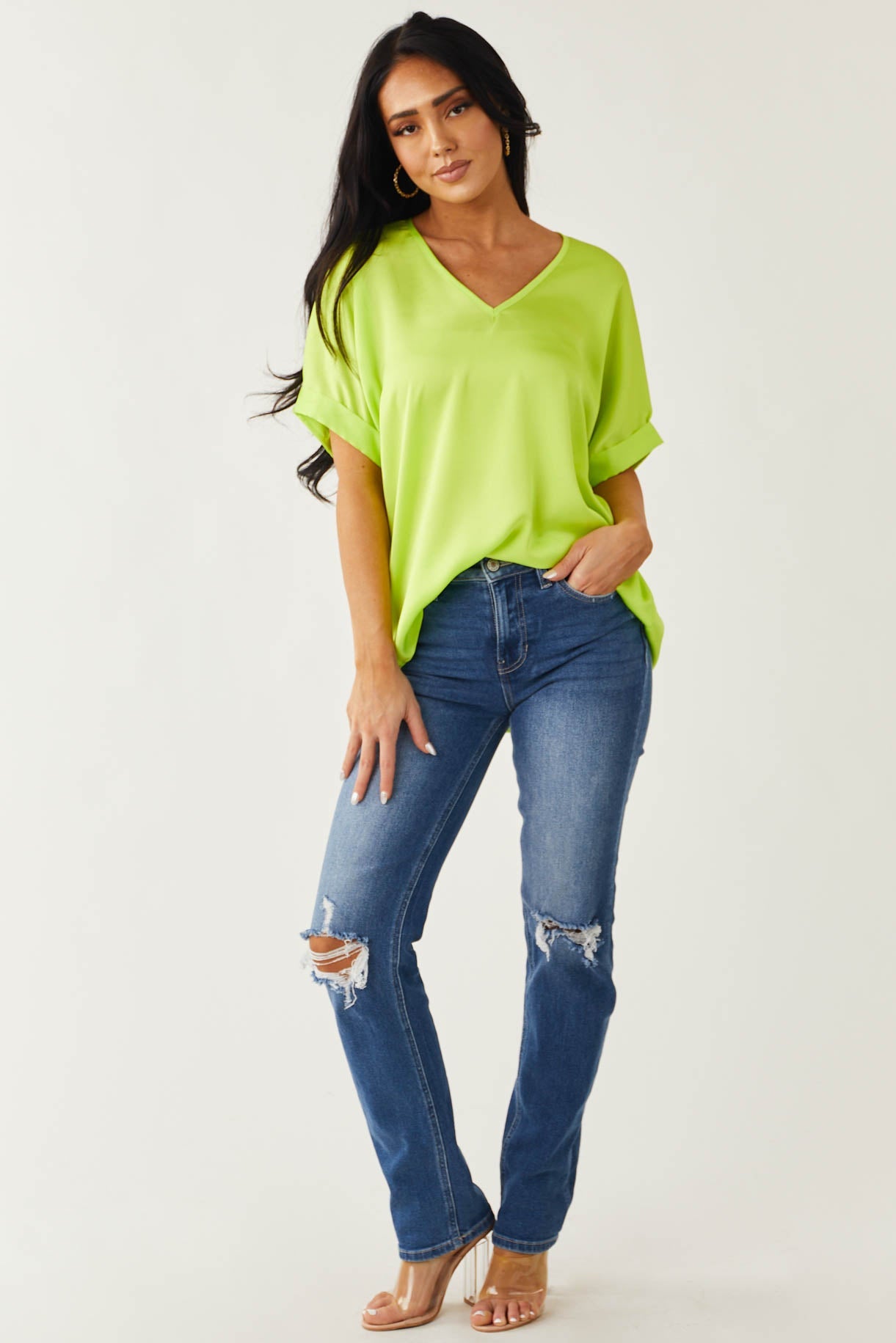 Neon Lime V Neck Drop Shoulder Satin Top