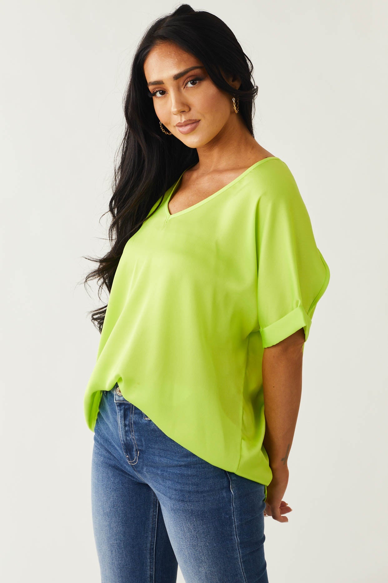 Neon Lime V Neck Drop Shoulder Satin Top