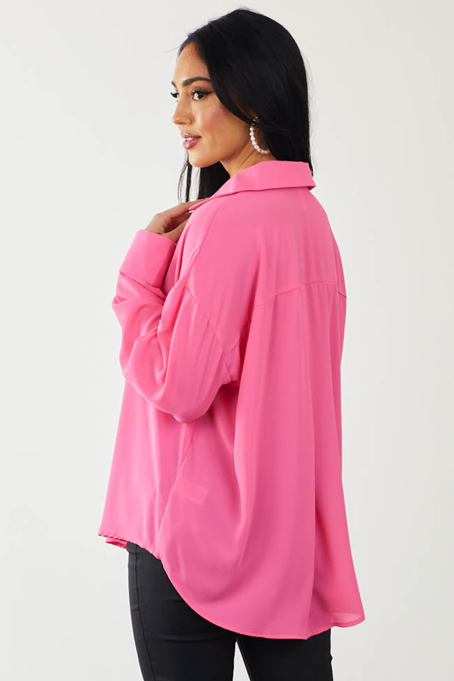 Neon Pink Chest Pocket Button Down Blouse