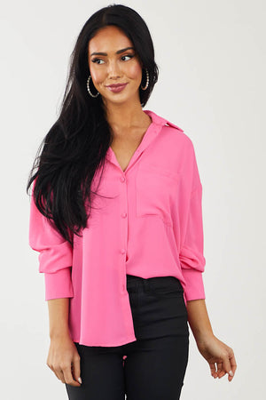 Neon Pink Chest Pocket Button Down Blouse