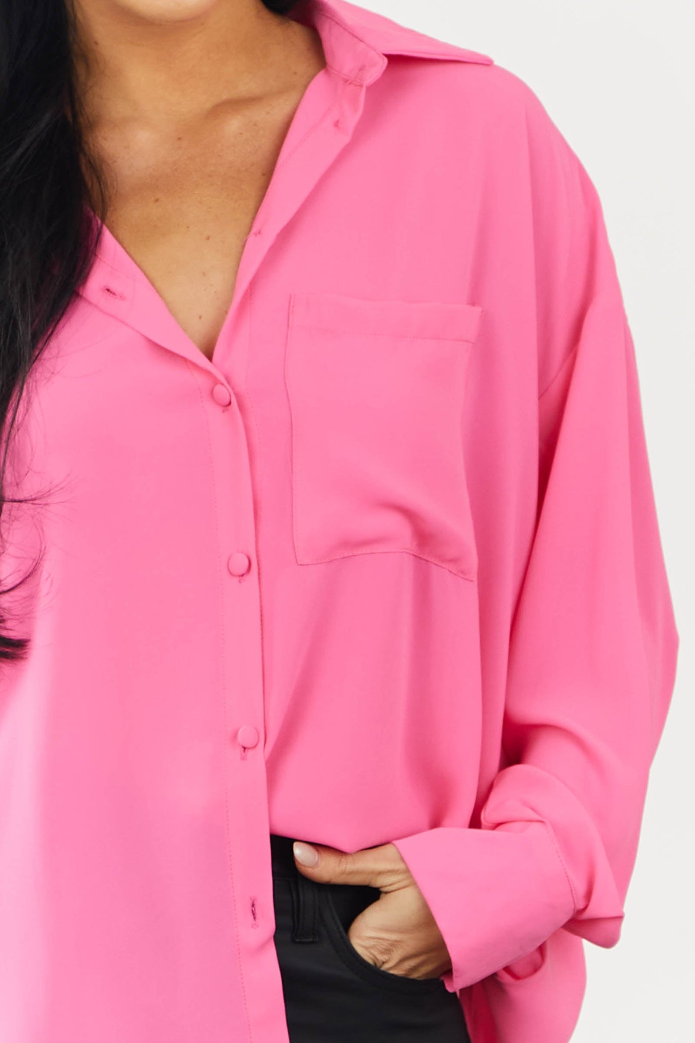 Neon Pink Chest Pocket Button Down Blouse