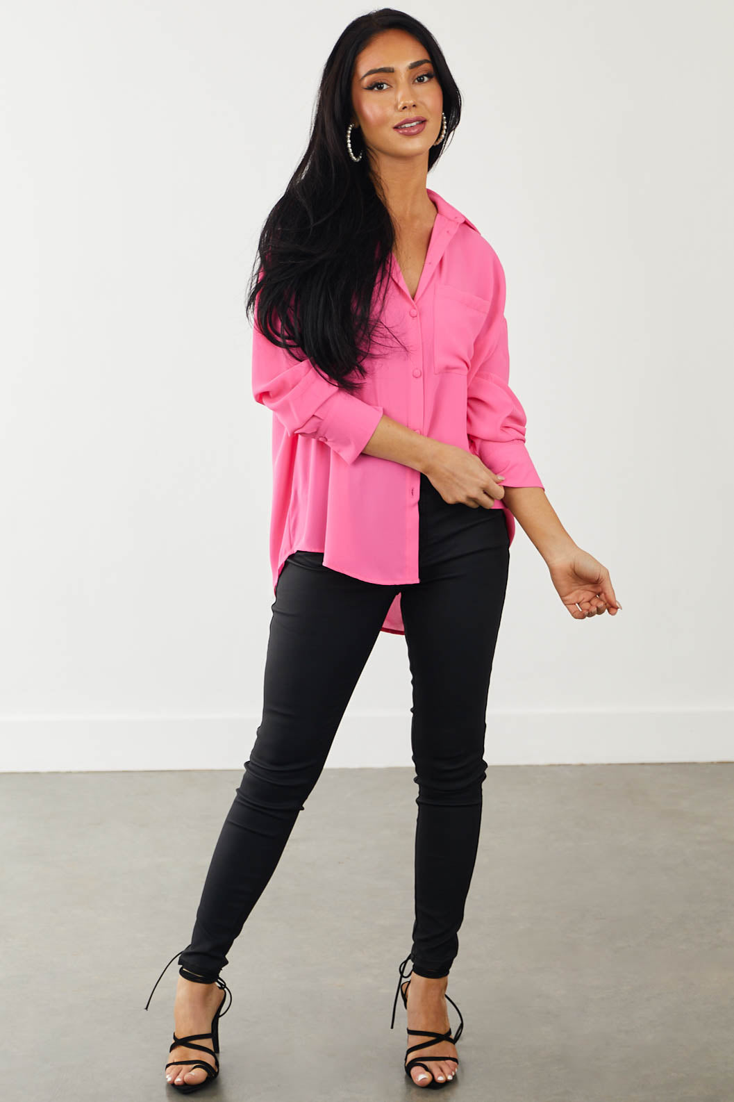 Neon Pink Chest Pocket Button Down Blouse
