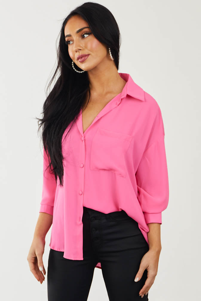 Neon Pink Chest Pocket Button Down Blouse