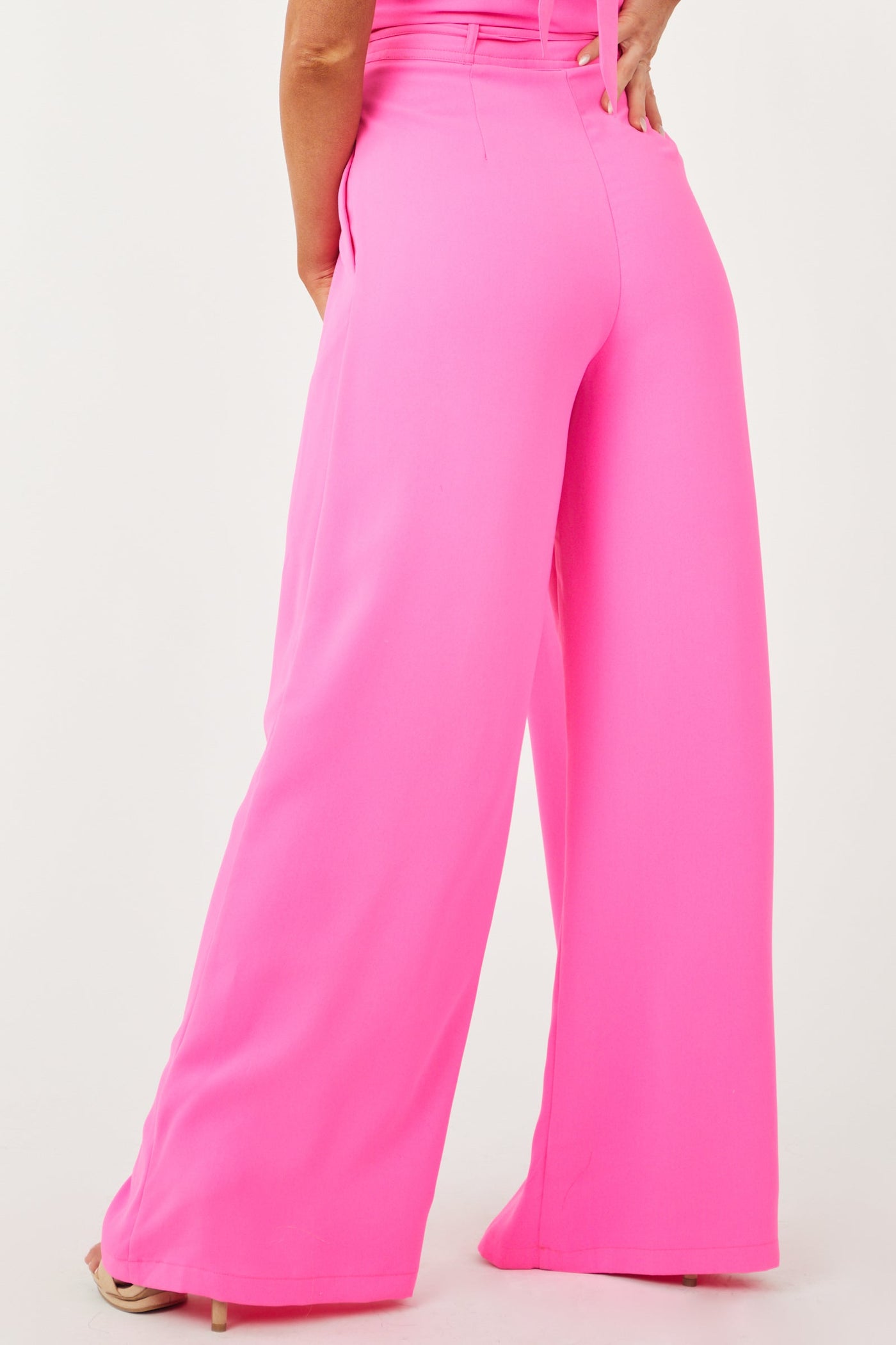 Neon Pink Flowy Wide Leg Waist Tie Pants