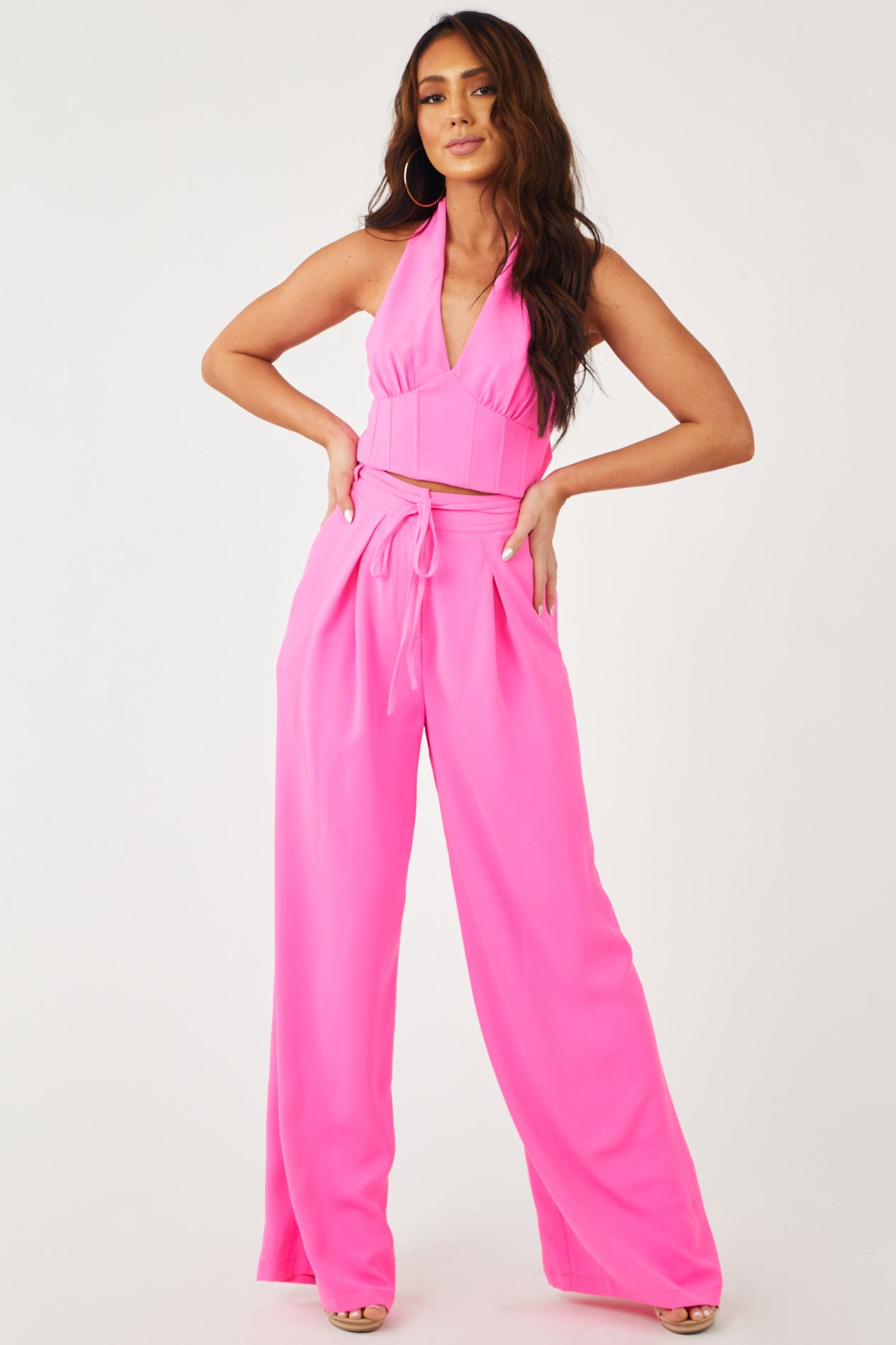 Neon Pink Flowy Wide Leg Waist Tie Pants