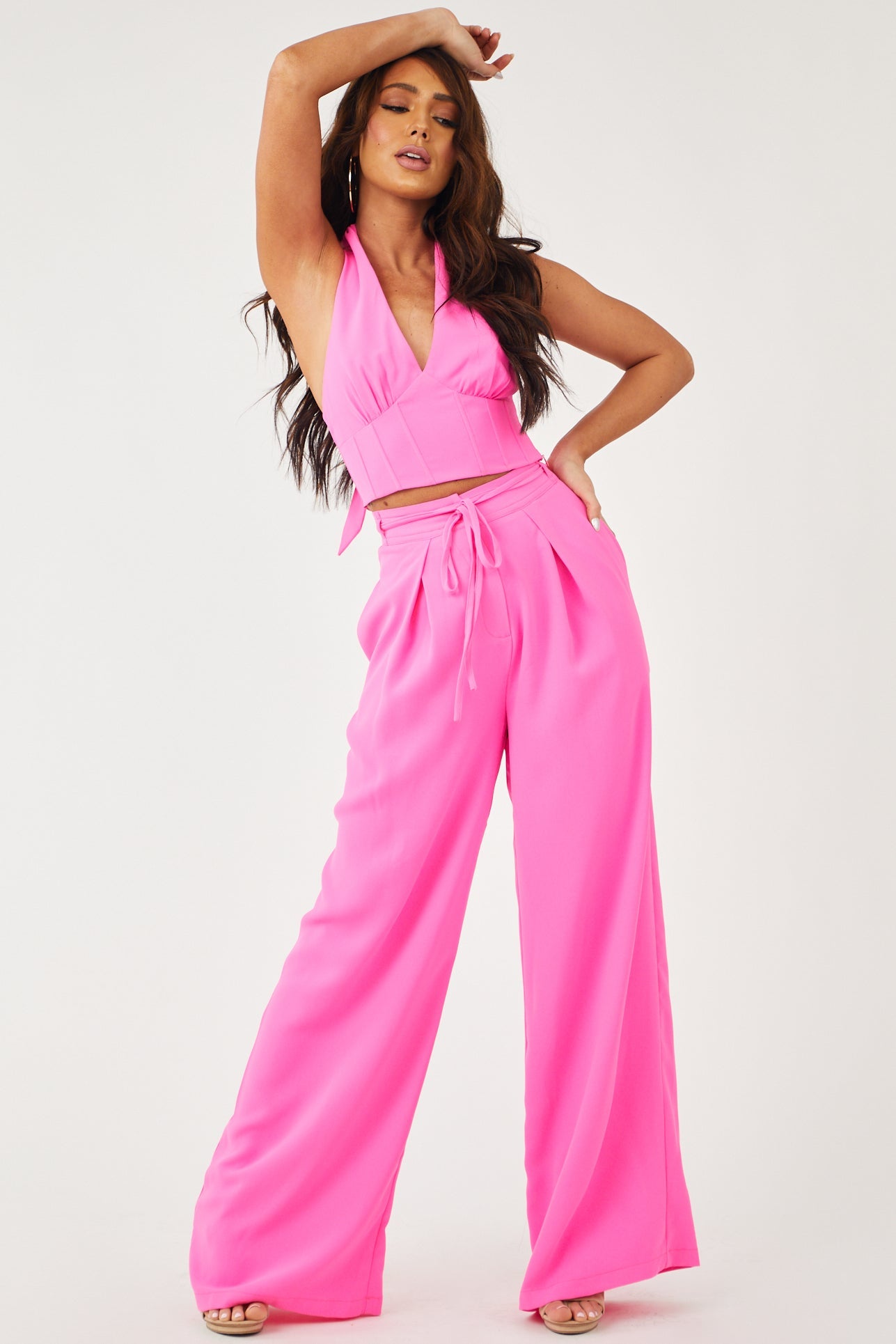 Neon Pink Flowy Wide Leg Waist Tie Pants