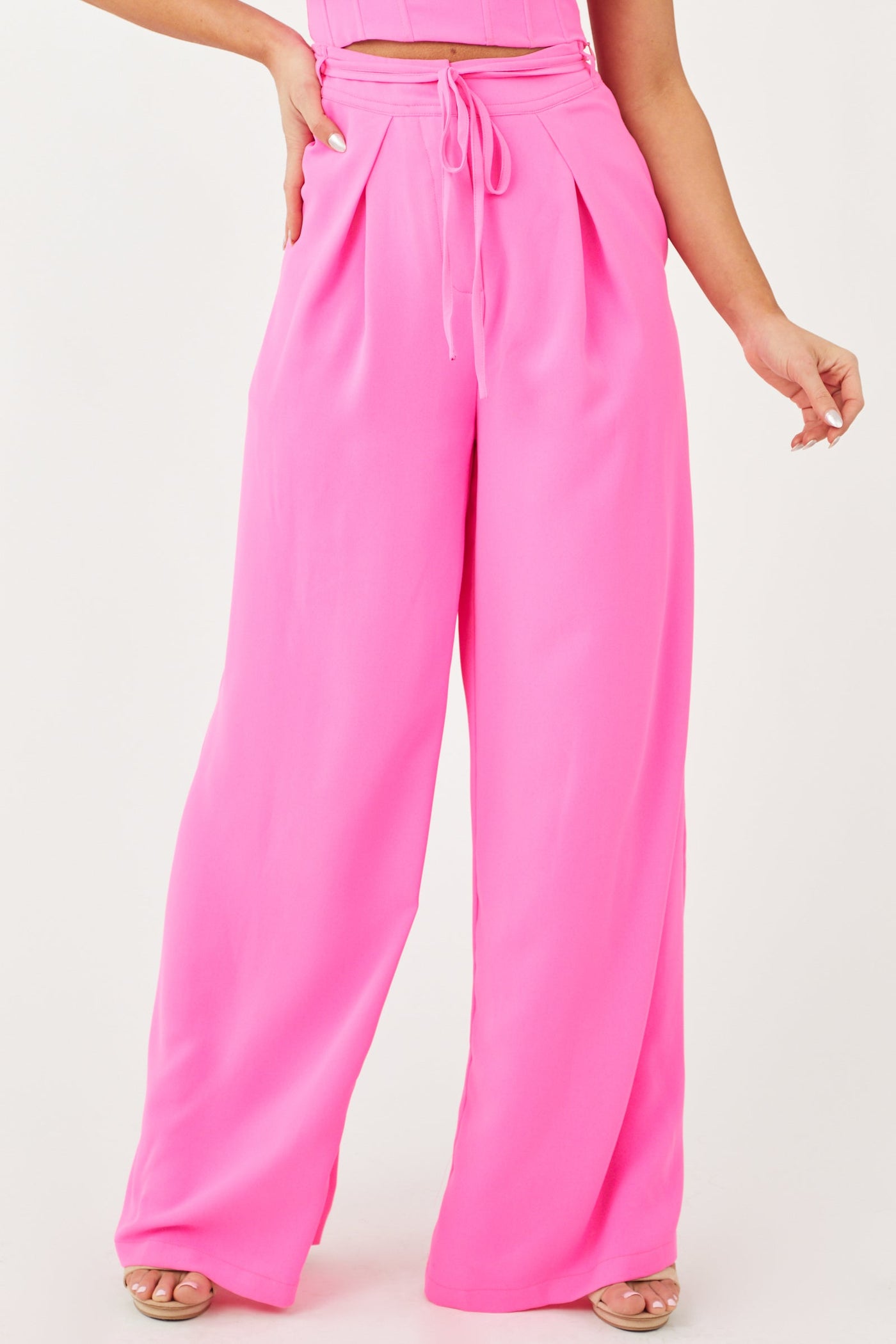 Neon Pink Flowy Wide Leg Waist Tie Pants