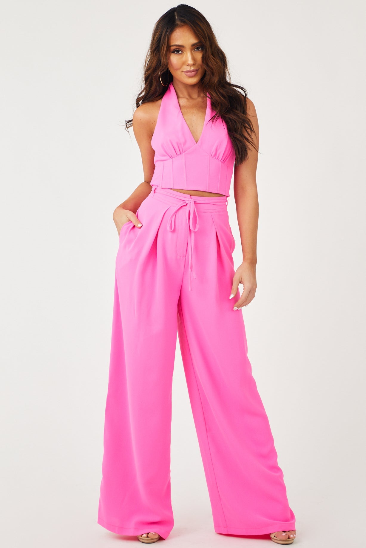 Neon Pink Flowy Wide Leg Waist Tie Pants