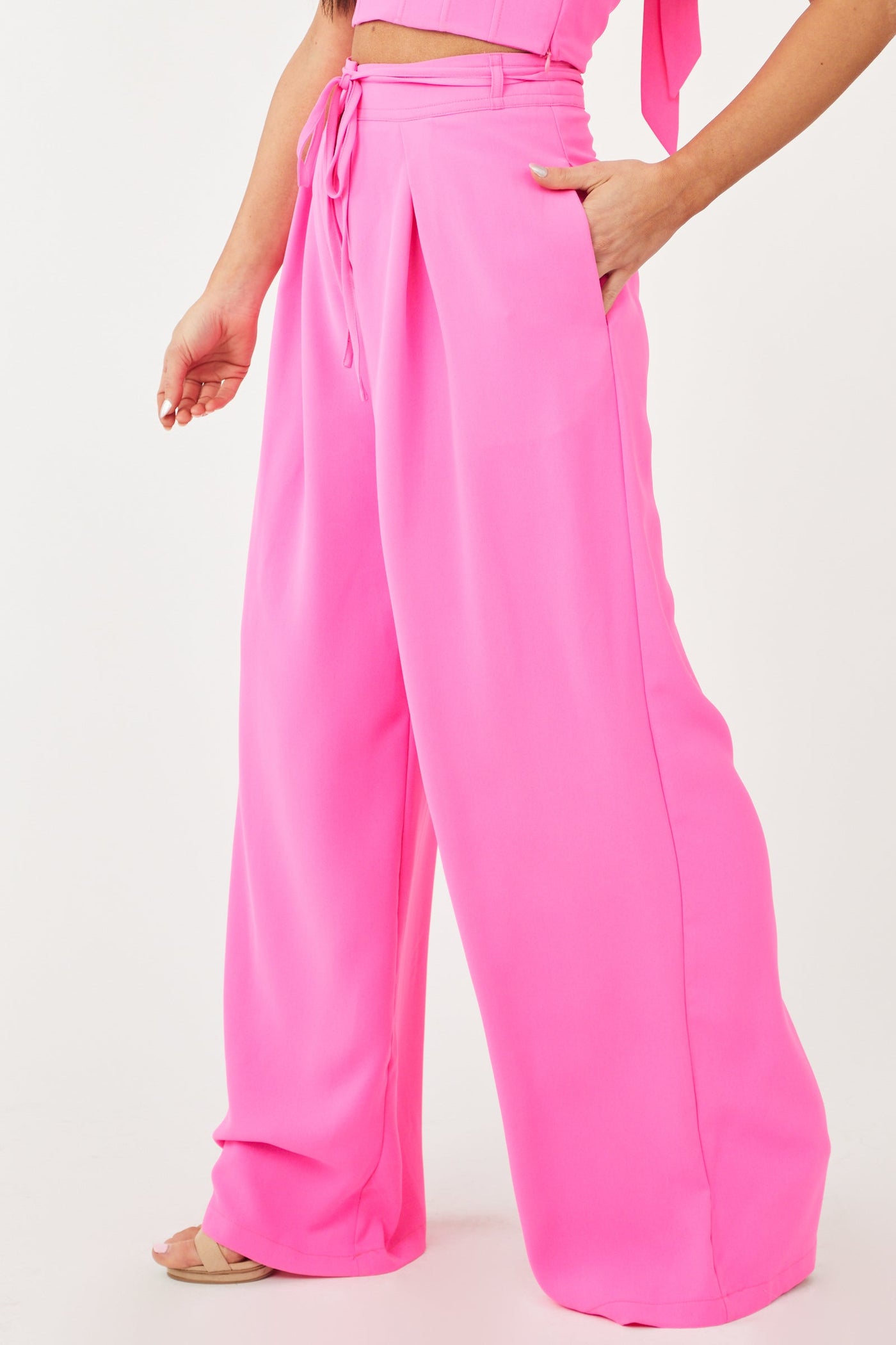 Neon Pink Flowy Wide Leg Waist Tie Pants