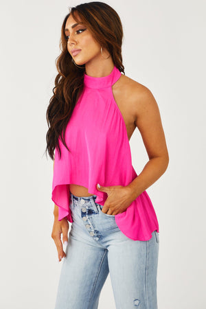 Neon Pink Halter Neck High Low Woven Top