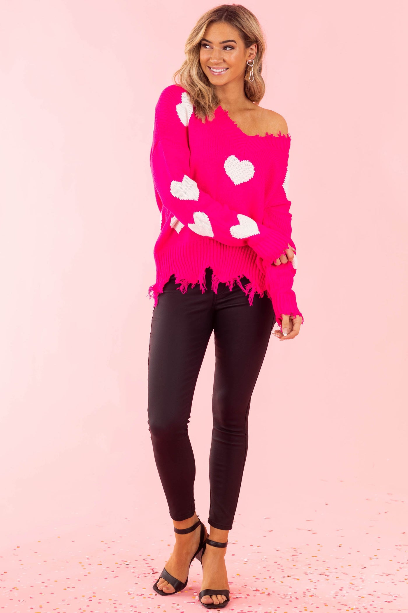 Neon Pink Heart Print Distressed Trim Sweater
