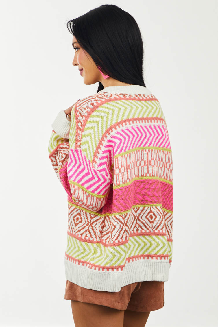 Neon Pink Multi Pattern Drop Shoulder Sweater