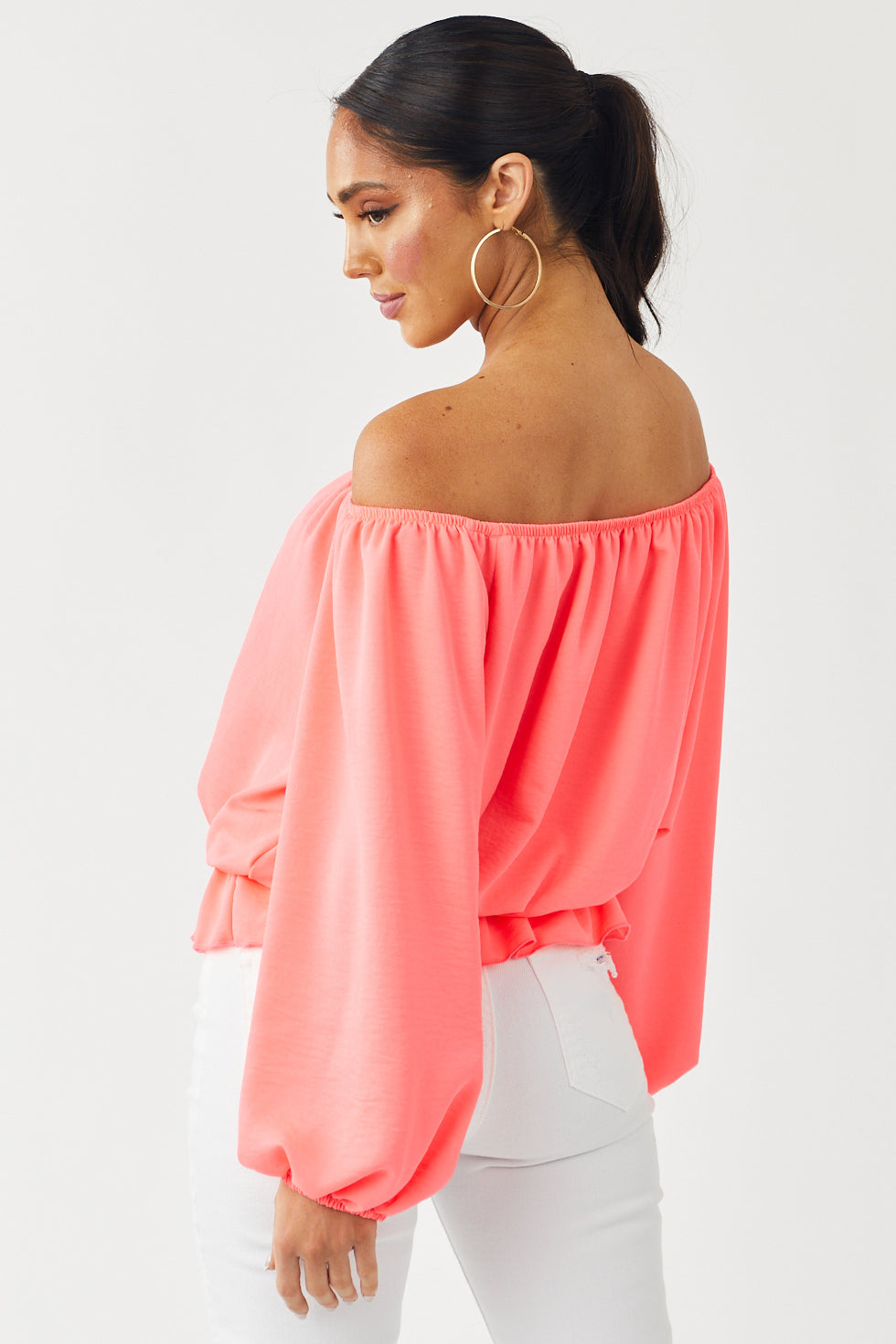 Neon Pink Off the Shoulder Balloon Sleeve Top