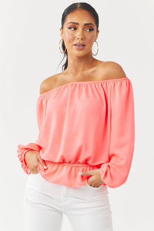 Neon Pink Off the Shoulder Balloon Sleeve Top