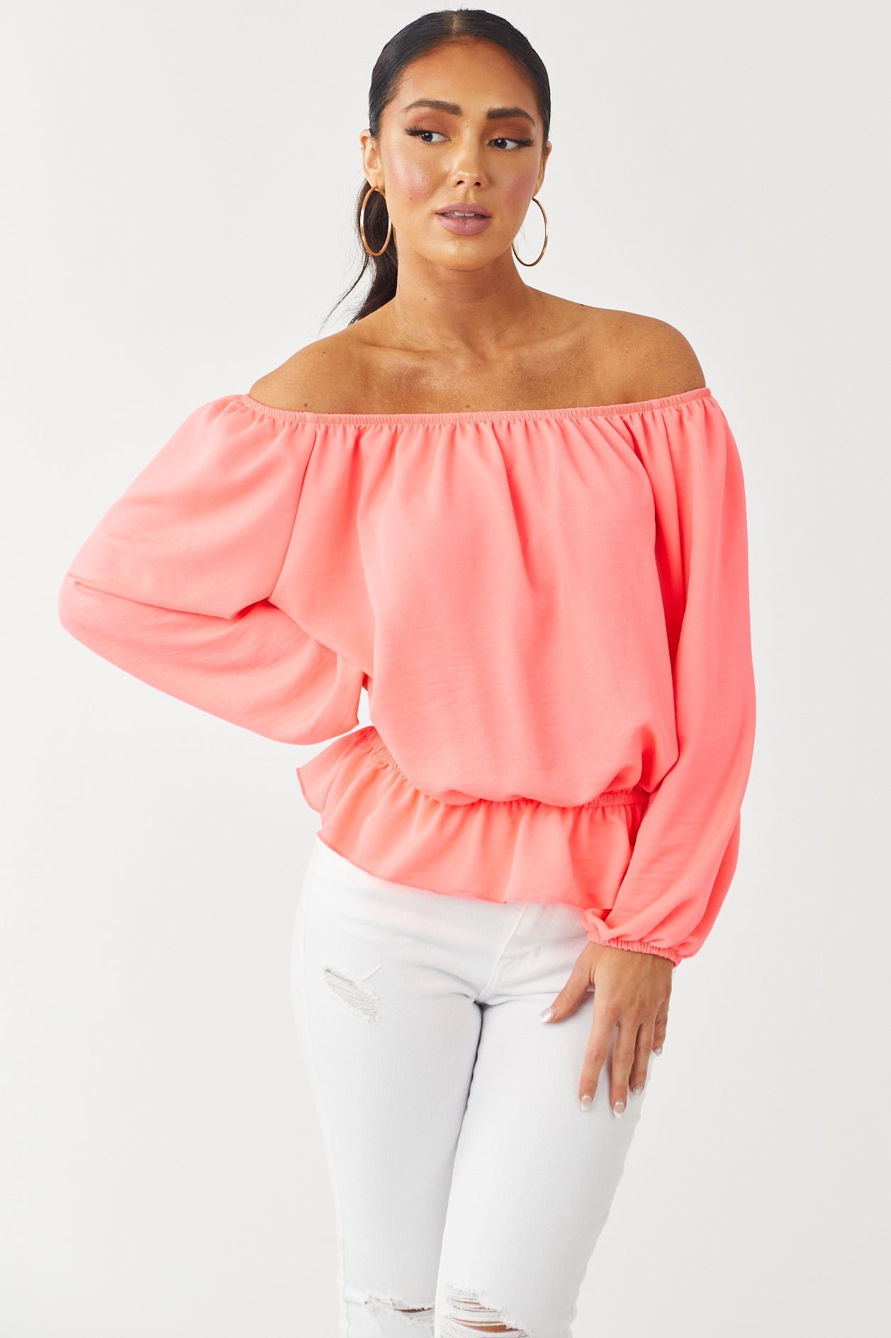 Neon Pink Off the Shoulder Balloon Sleeve Top