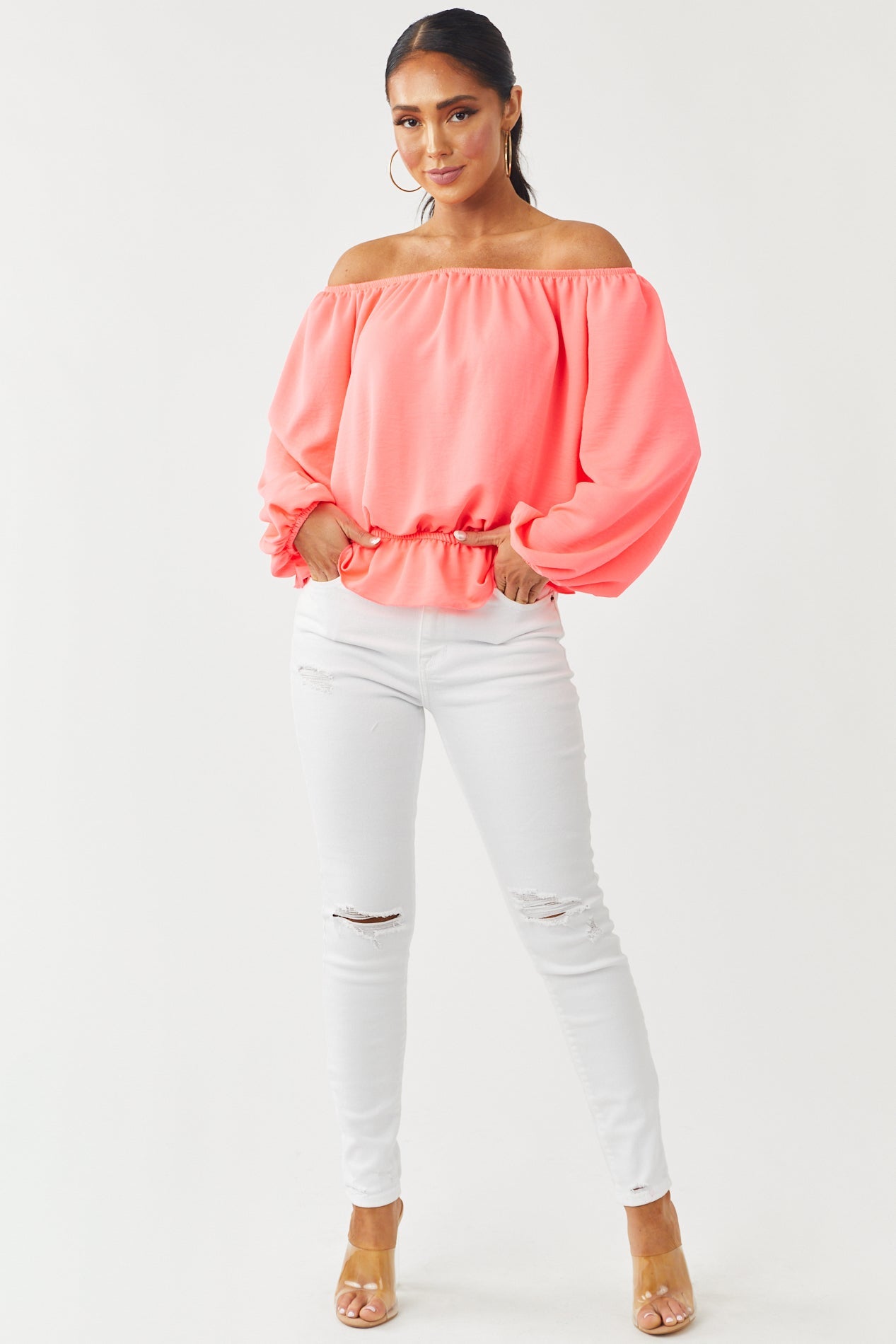 Neon Pink Off the Shoulder Balloon Sleeve Top