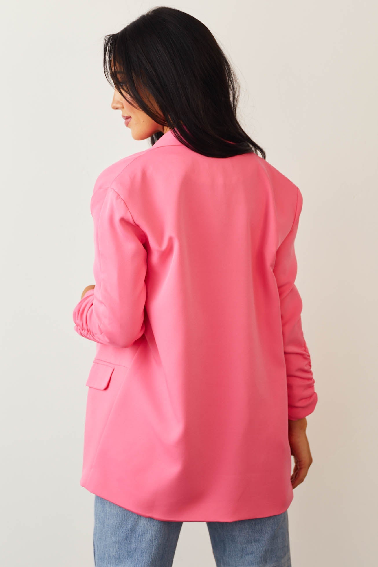 Neon Pink Ruched Sleeve Pouch Pocket Blazer