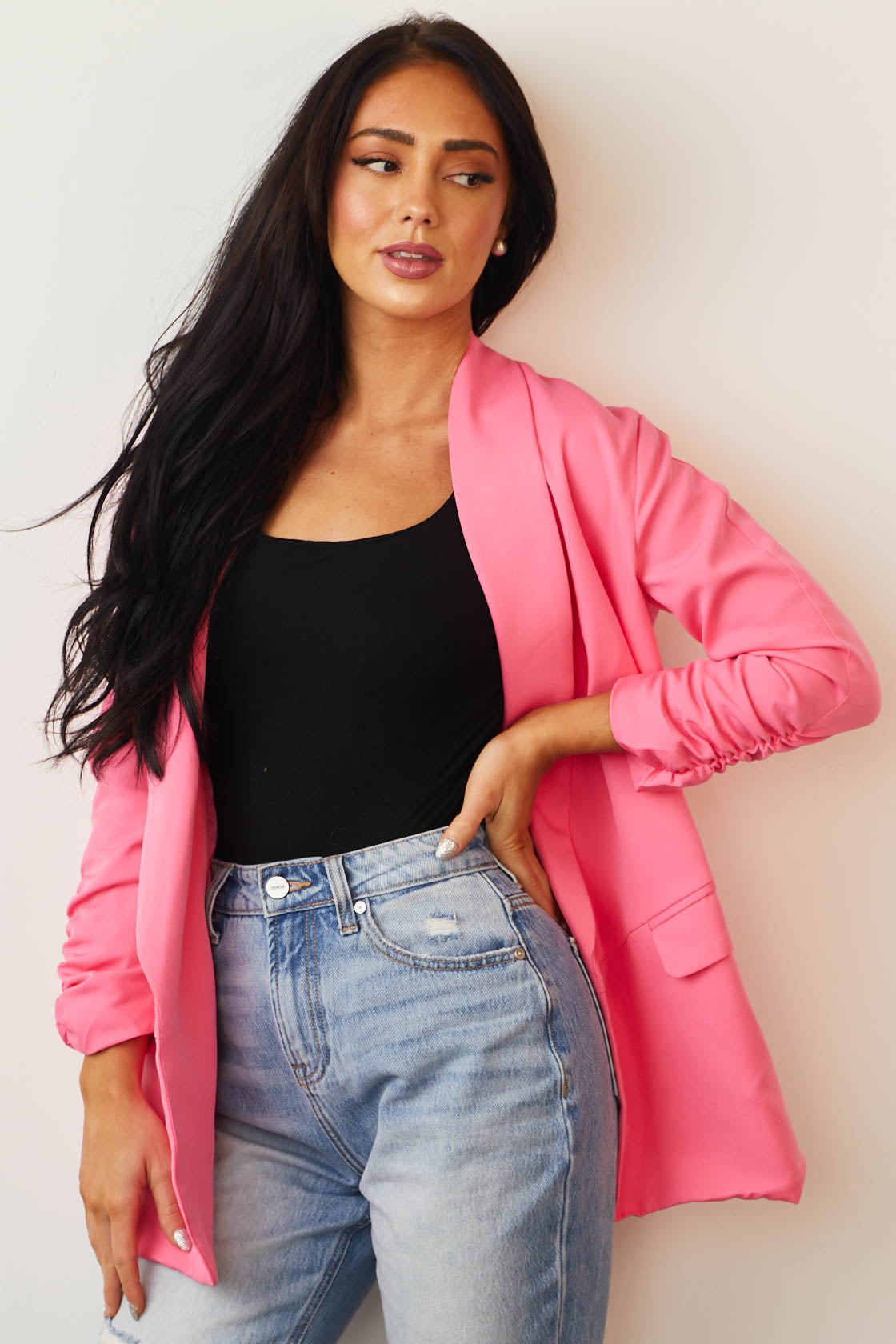 Neon Pink Ruched Sleeve Pouch Pocket Blazer
