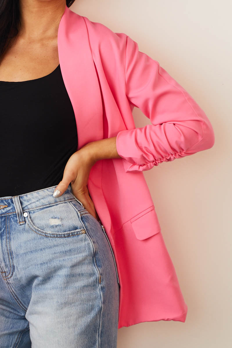 Neon Pink Ruched Sleeve Pouch Pocket Blazer