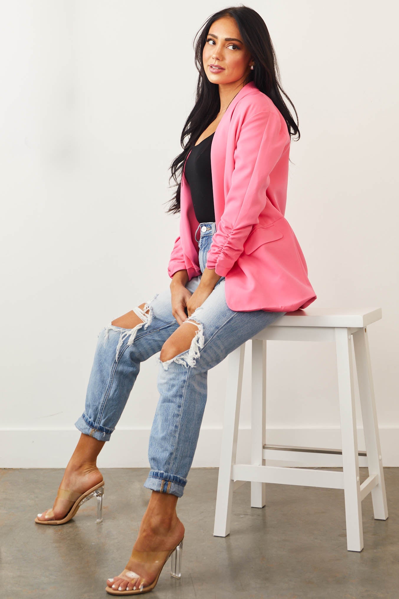 Neon Pink Ruched Sleeve Pouch Pocket Blazer