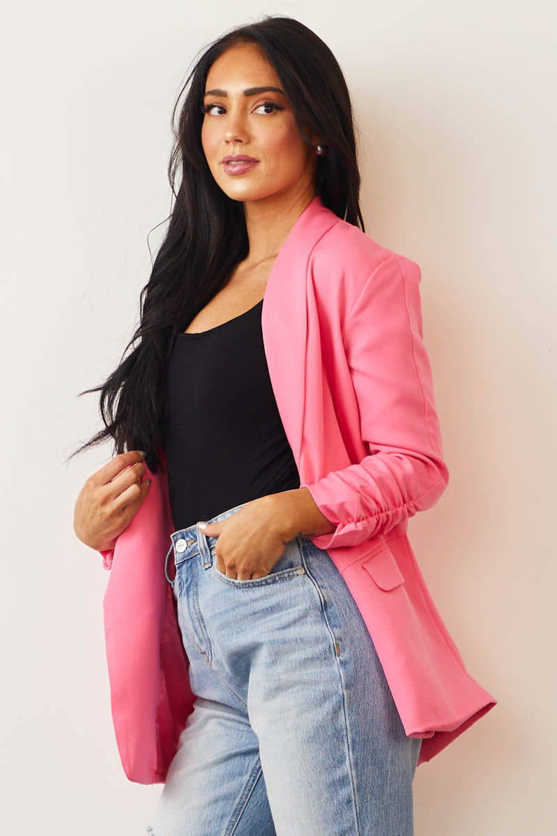 Neon Pink Ruched Sleeve Pouch Pocket Blazer