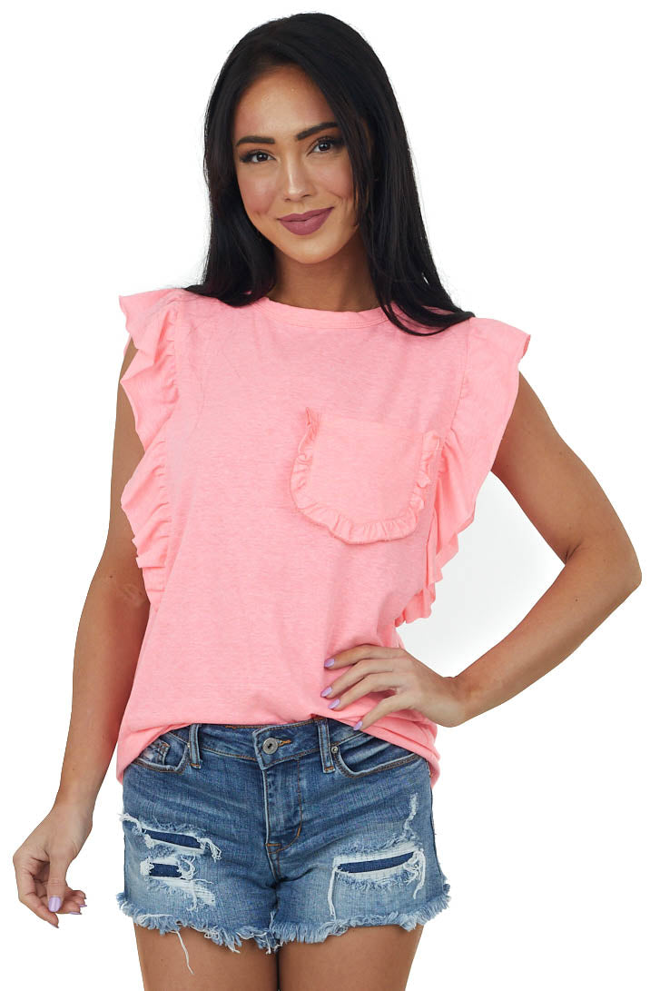 Neon Pink Ruffle Sleeve Knit Top with Pocket