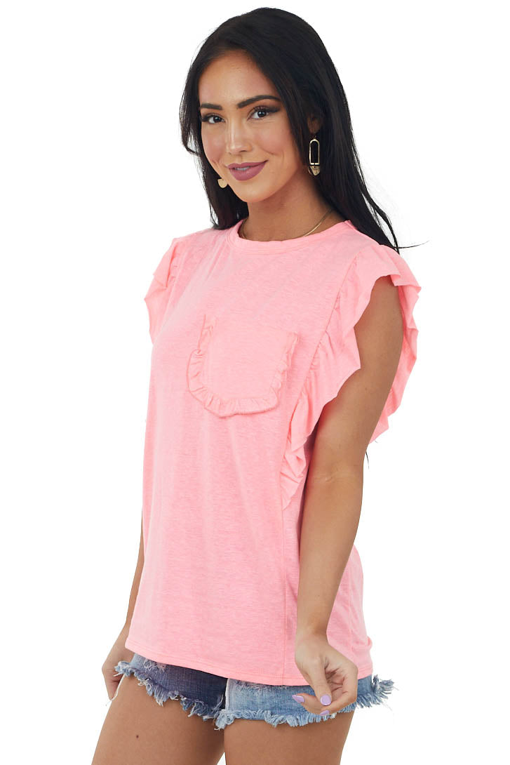 Neon Pink Ruffle Sleeve Knit Top with Pocket