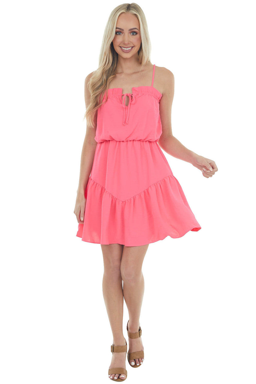 Neon Pink Sleeveless Tiered Short Woven Dress