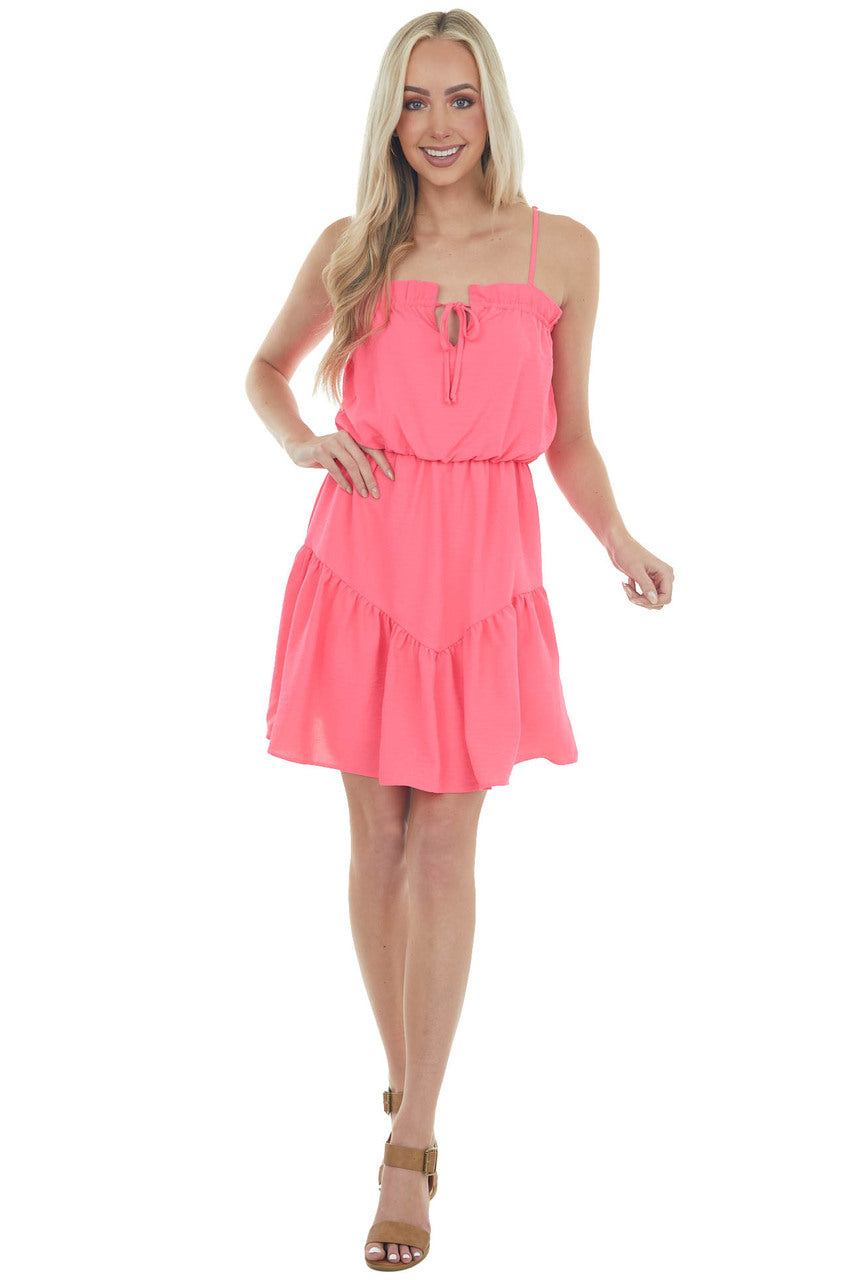 Neon Pink Sleeveless Tiered Short Woven Dress