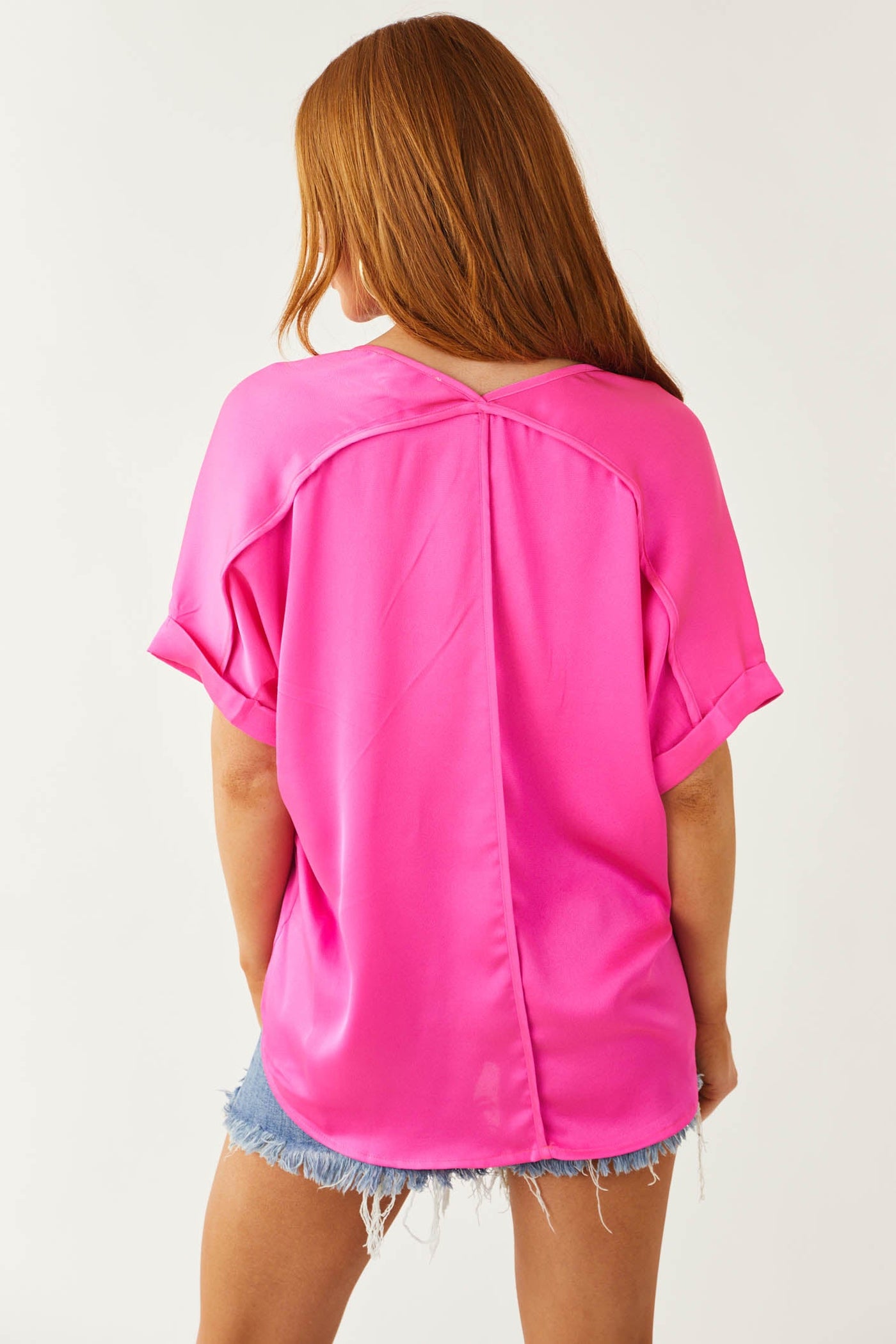 Neon Pink V Neck Drop Shoulder Satin Top
