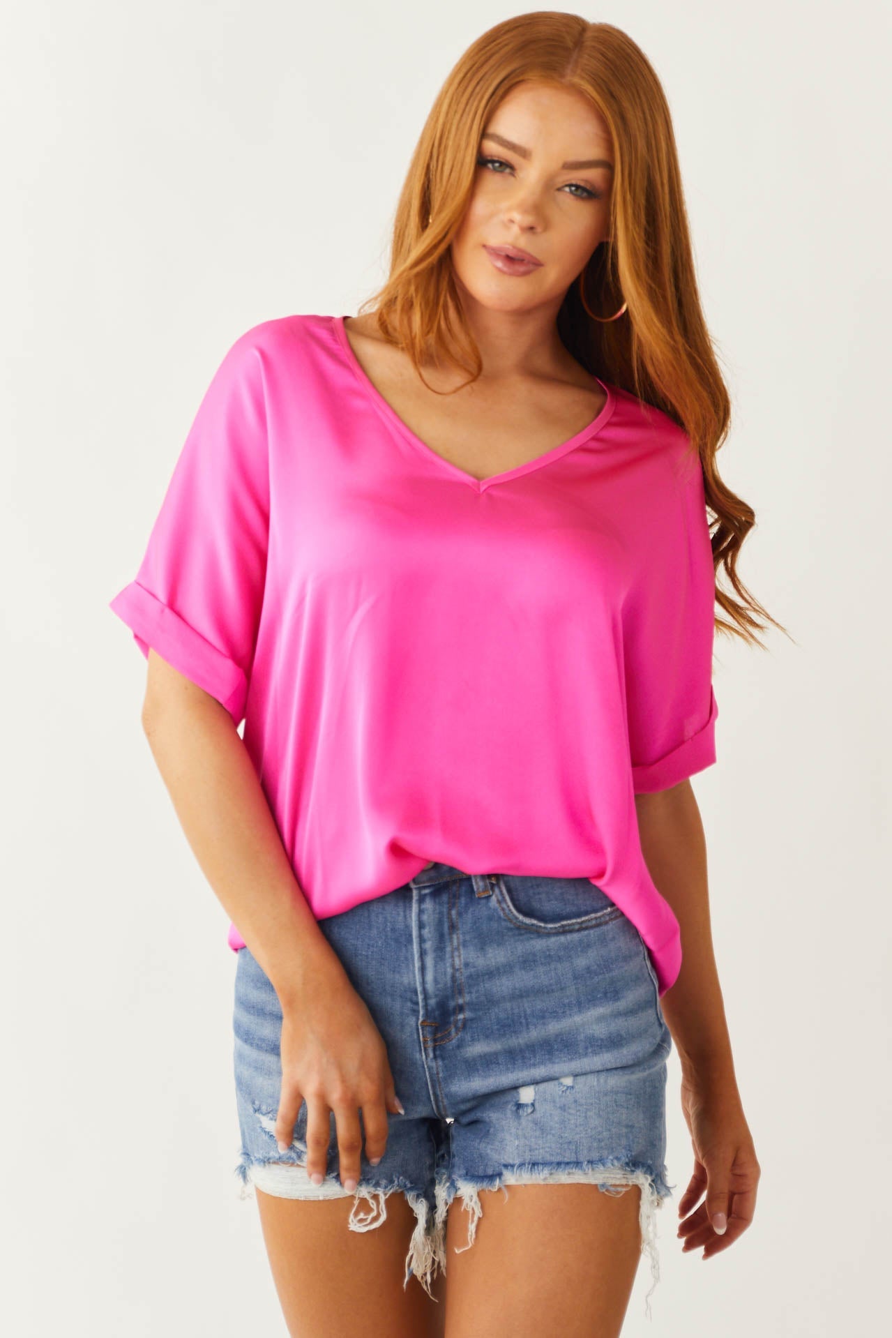 Neon Pink V Neck Drop Shoulder Satin Top