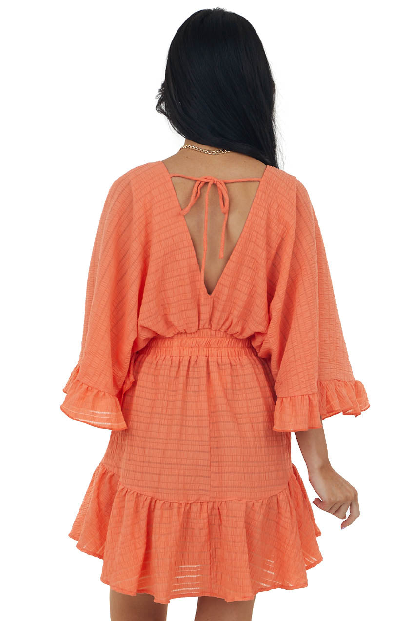 Neon Salmon Surplice Kimono Sleeves Mini Dress