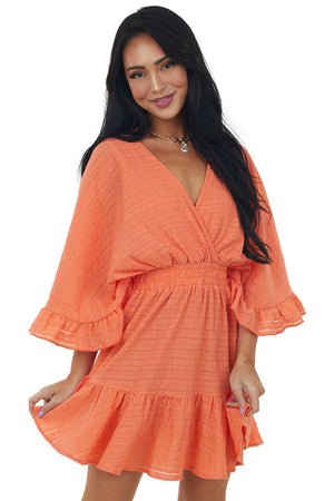 Neon Salmon Surplice Kimono Sleeves Mini Dress